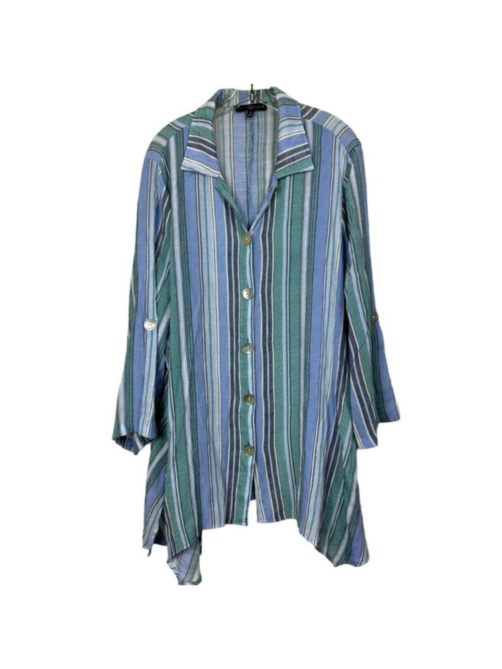 Fred David Blue Green‎ Striped Lagenlook Relaxed Fit Button Down Tunic Size 1X